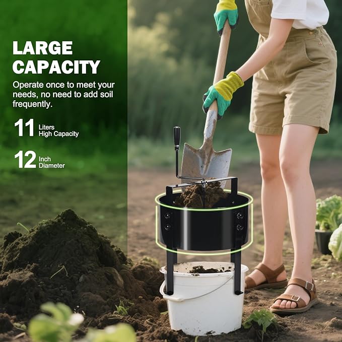 Upgraded Rotary Soil Sifter Including Compost Sieve, 13" Screening Filter with 4 Replaceable Mesh Sizes 0.12/0.24/0.35/0.47 Inch Soil Screen, Rock Sifter for Garden