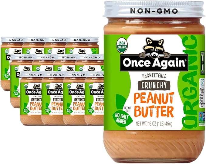 Once Again Organic Crunchy Peanut Butter, 16oz - Salt Free, Unsweetened - USDA Organic, Gluten Free Certified, Vegan, Kosher - Glass Jar - Case of 12