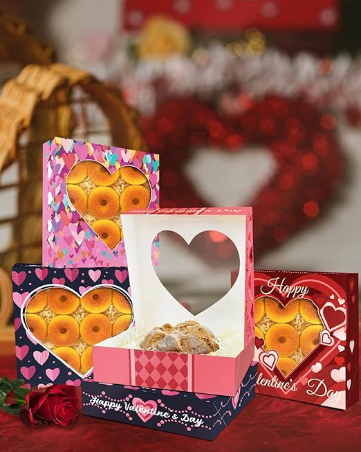 qiqee Auto-pop Up Valentine 30pcs Pie Boxes 10x10x2.5 inches Easy Assemble Macaroon Cookie Bakery Boxes with Window for Valentine's Day