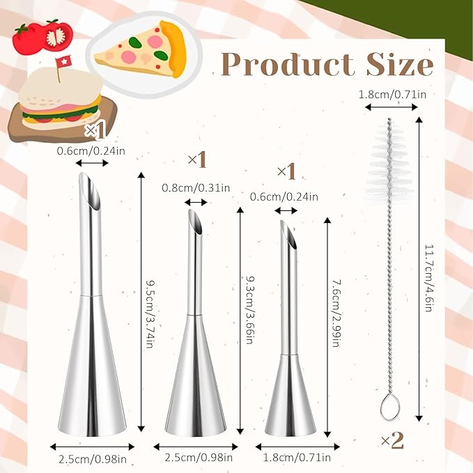 Pastry Cream Filling Tip 3 Pcs Long Cream Icing Piping Nozzle Tips with 2 Brushes Puff Pastry Filling Cake Decorating Tools Stainless Steel Pipings Tips Puff Creams Fillings Piping Tip Kit