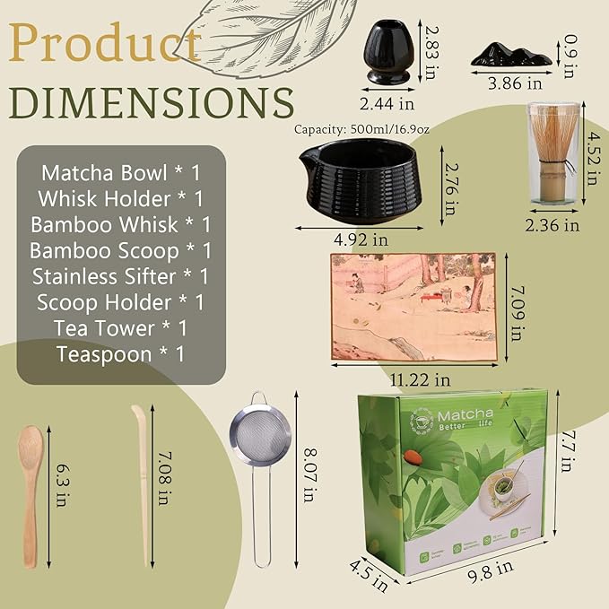 8 Pcs Matcha Whisk Set Chasen Matcha Whisk Bamboo Bowl with Spout Sifter Spoon Scoop Whisk Holder Bamboo Mat Complete Matcha Making Kit (Black)