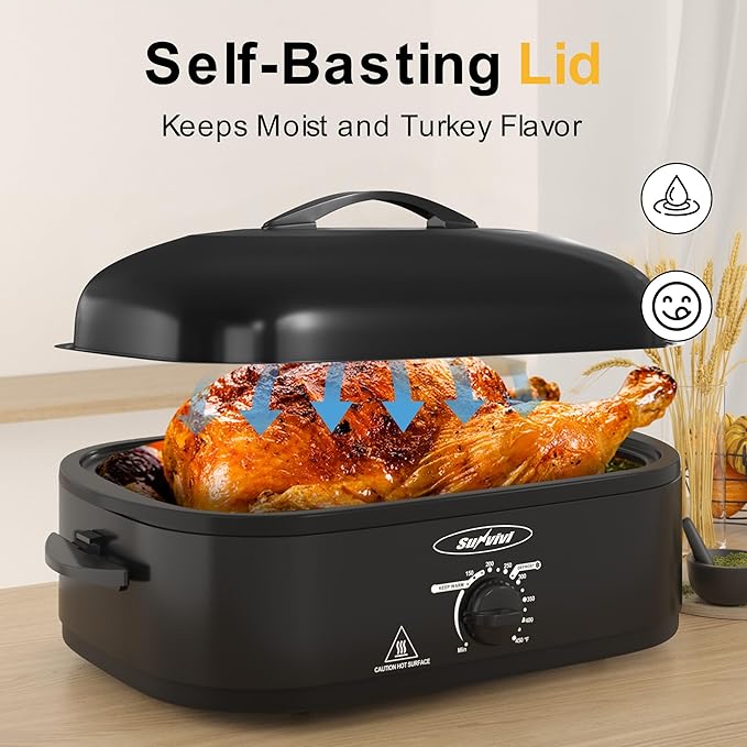 Sunvivi 14-Quart Electric Roaster Oven with Self-Basting Lid, Turkey Roaster Oven with Removable Pan and Rack, Stainless Steel, Black