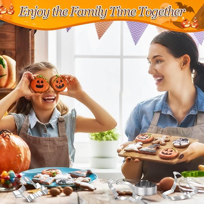 Lezmarket 22Pcs Halloween Cookie Cutters, Stainless Steel Baking Supplies for Halloween Cookie Sandwich Party Decorations- Ghost Pumpkin Cat Bat Coffin Witch Hat Skull Candy Broom Spider Owl Tooth