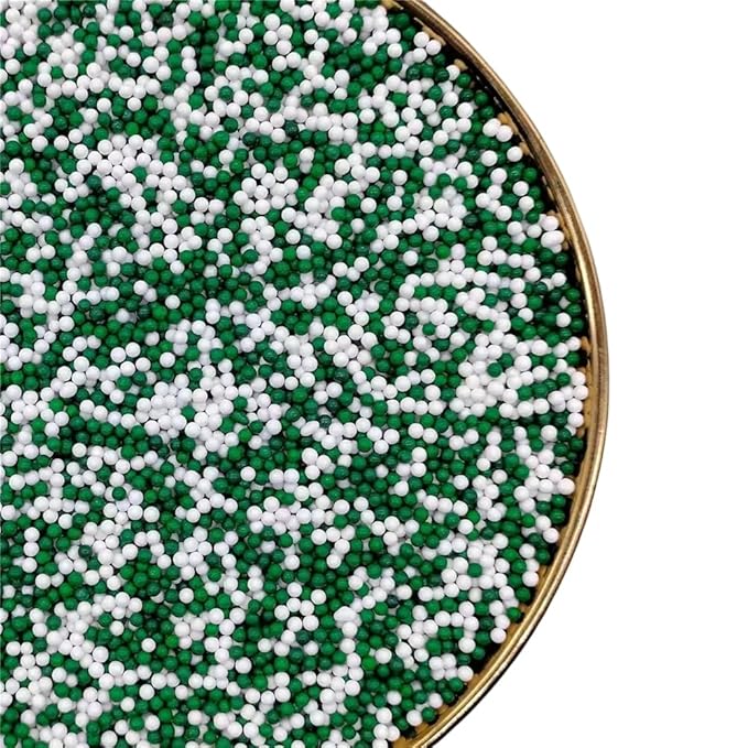Chrismas Nonpareils Sprinkles 130g/4.6oz, White Green Edible Pearl Sprinkles for Cake Decorations, Baking, Ice Cream, Cookies, Cupcake Topper Edible Pearls Sprinkles Sugar Pearls for Cake Decorating (2mm Greenery)