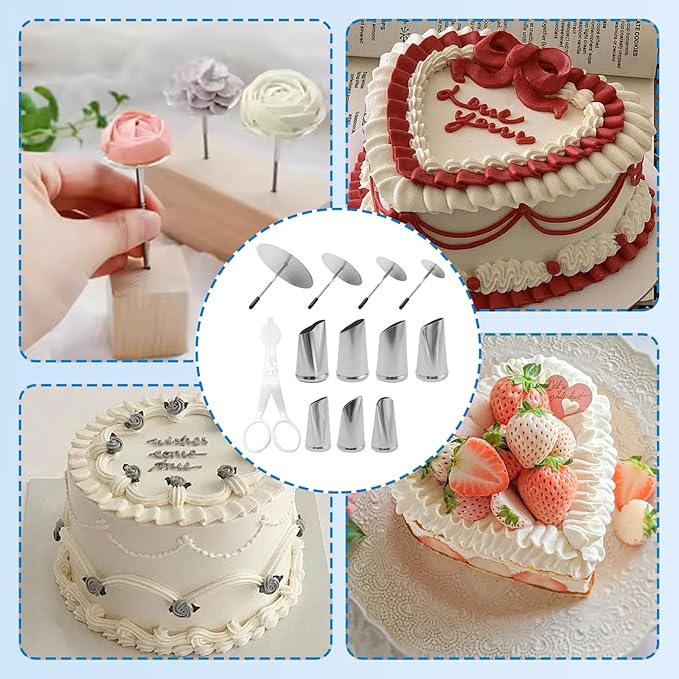 Cake Decorating Tool Kit,4pcs Cake Flower Nail,7pcs Stainless Steel Icing Flowers Piping Nozzle Tips,1 Flower Lifters for Cake Fondant Cupcake