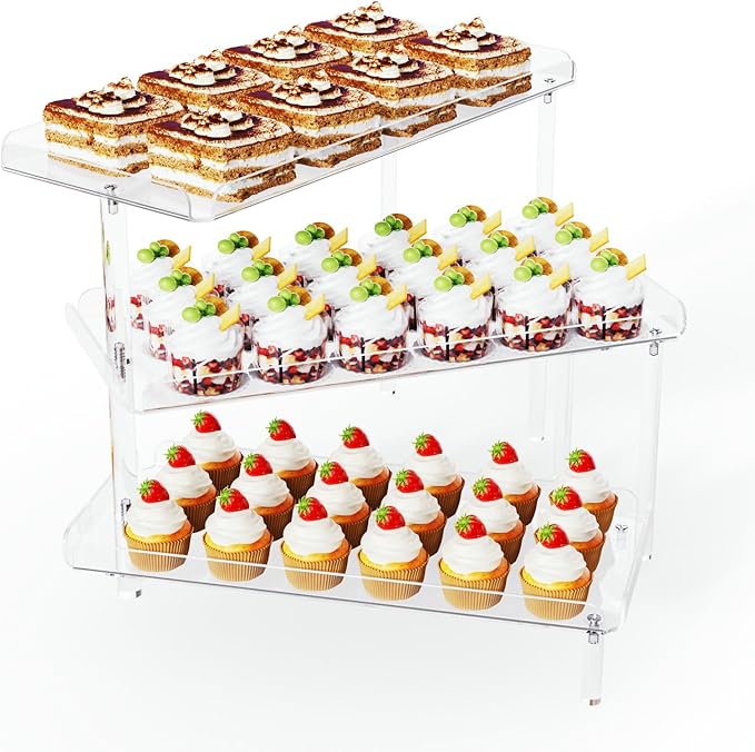 3 Tier Cupcake Stand, Acrylic Dessert Table Display Set with LED Light Premium Holder Dessert Serving Tray for Birthday Candy Bar Décor Weddings, Parties Events (Yellow Light)