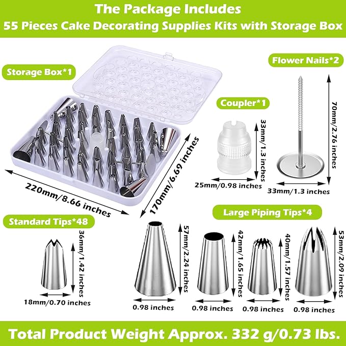Suuker Piping Tips Set, 55 Pieces Cake Decorating Supplies Kits with 4 Large Icing Tips, 48 Standard Frosting Tips for Cake Decorating, Cupcakes with Storage Box