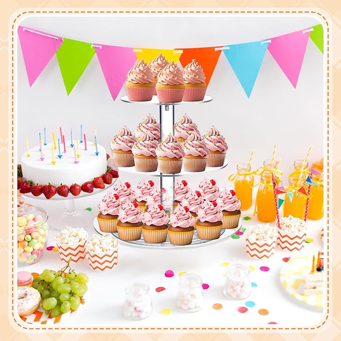 Tiered Cupcake Display Stand Rotatable Cake and Cupcake Tower Stand Combo Clear Acrylic Cake Holder with Tiered Tray for Dessert Pastry Birthday Wedding Party Table(3 Tire and Round)