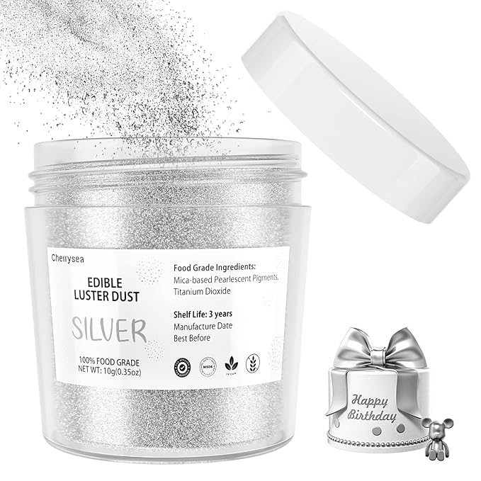 Silver Edible Luster Dust 10 Grams, Food Grade Cake Luster Dust Tasteless Dessert Dusting Powders for Baking Cherrysea Food Coloring Powder for Cupcakes, Cake Pops,Fondant,Chocolate, Candy