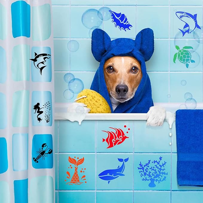80 Pcs 4 x 4 Inch Stencils for Painting on Wood, Reusable Sea Ocean Creatures Mermaid Dolphin Shark Plastic Stencils DIY Craft Paint Template Set for Wall Home Decor