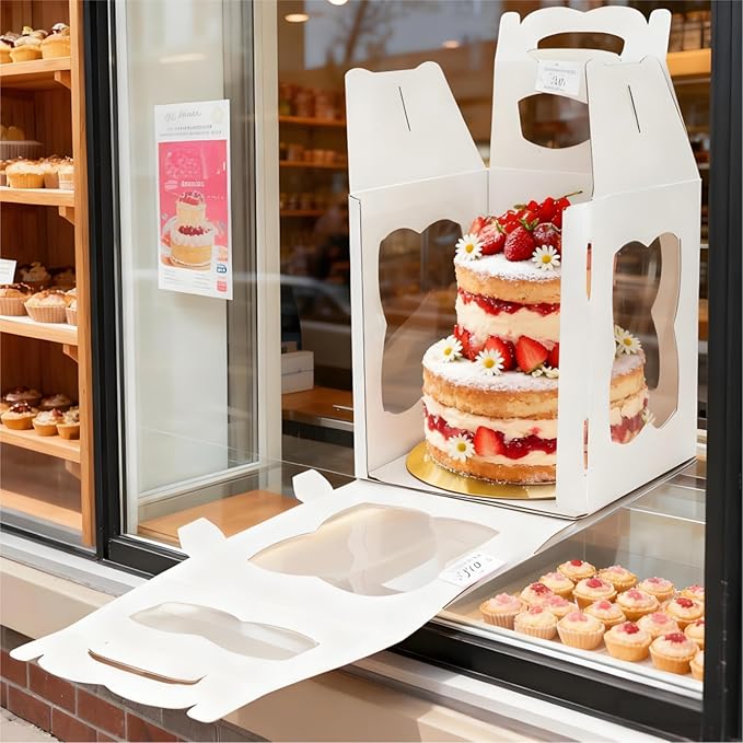 6 Pieces Tall Cake Boxes for Tier Cakes, 10''W x 10''L x 12''H Paper Bakery Carrier with Cake Board Window Handle, Disposable Large Layer Cake Safe Transport Box for Birthday, Wedding, Party