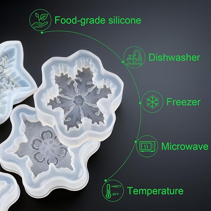 Snowflake Silicone Molds Christmas Snowflake Soap Molds Snowflakes Candle Mold 3D Christmas Silicone Chocolate Mold for Making Soaps Candles Bath Bomb Cookie Cake Candy Chocolate Muffins Ice(4 White)