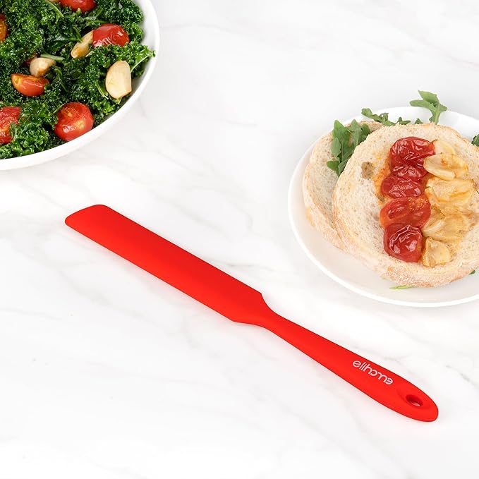 Elihome Skinny Silicone Jar Spatula Spreader, BPA Free,Heat-Resistant Scraper, 10in Long Narrow Stirring Stick, Seamless Flexible Peanut Butter Spreader for Scraping Icing and Jam (Red)