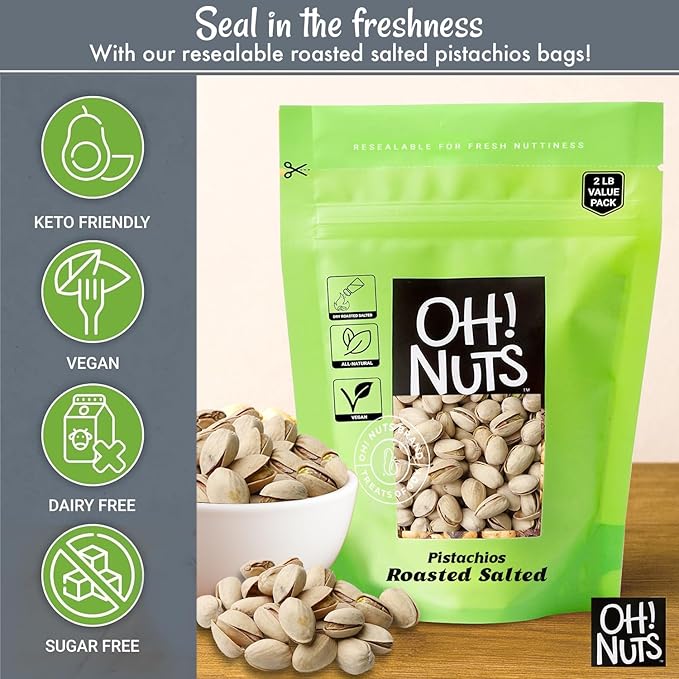 Oh! Nuts Pistachios – California Roasted Salted Pistachios, 2 LB Bag – Premium Dry Roasted Nuts, Vegan, Gluten-Free, Kosher Snack