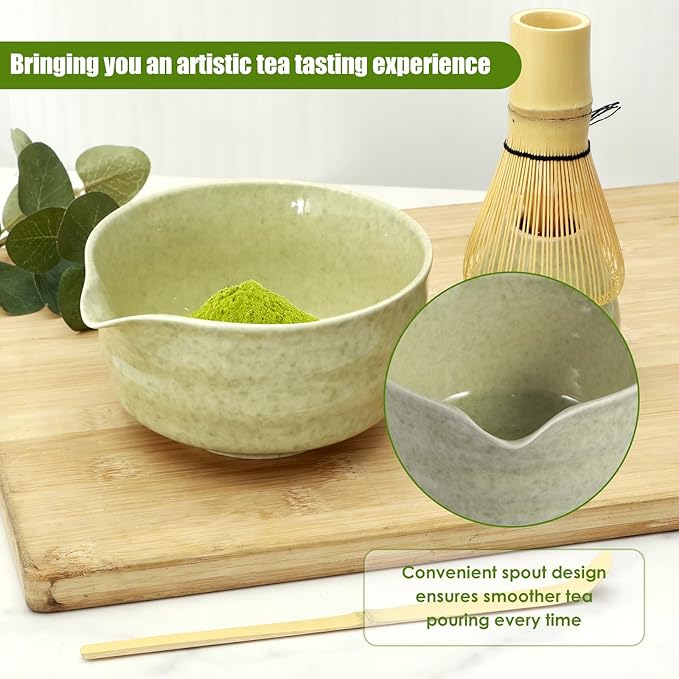 4Pcs Matcha Making Kit, Ceramic Bowl, Bamboo Whisk and Scoop, Matcha Sifter and Holder