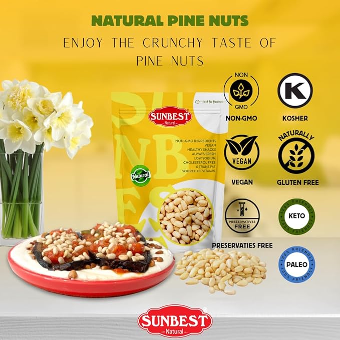 Sunbest Natural Raw Pine Nuts (Pignolia) – 2 lb Bag (32 oz) – Unsalted Nuts, Crunchy & Fresh – Non-GMO, Kosher, Gluten-Free – Great for Snacking, Topping & Baking – Perfect Pine Nuts for Pesto