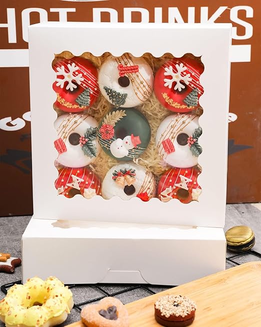 qiqee 8x8x2.5 Inch White Pastry Box With Window Donut Pie Boxes 12pcs Bakery Box (Auto-pop Up)