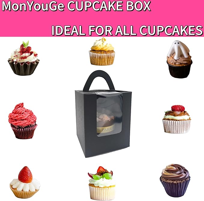 50-Set Individual Cupcake Boxes Bulk with Clear Display Window, Disposable Food Grade Black Cupcake Carrier Cupcake Container, Perfect for Cupcakes Muffins Cookies Pastries