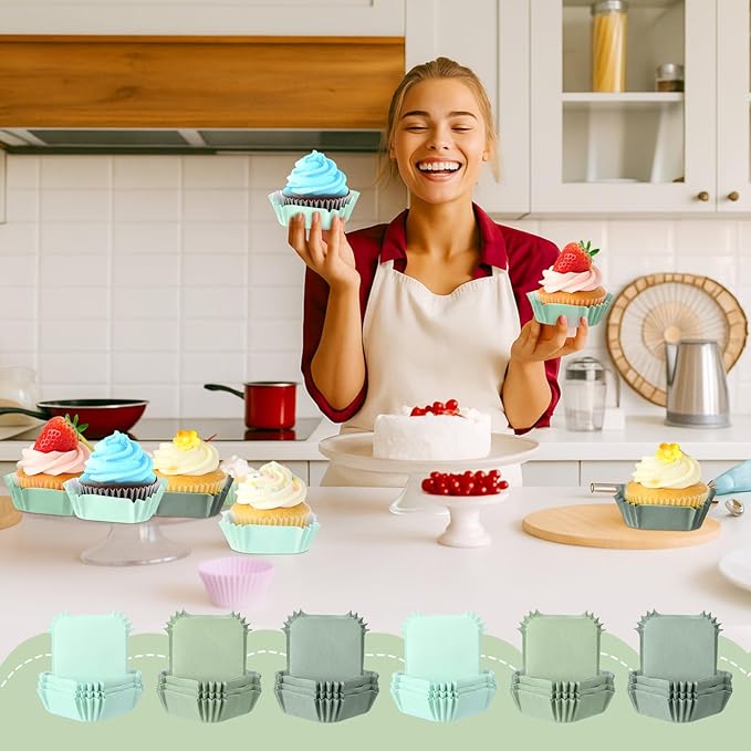 LemonRoad 300pcs Coated Paper Cupcake Liners for Baking Colorful Greaseproof Baking Cup for Muffin Dessert Candy Biscuit Cookies Brownie Wedding Birthday Party Baby Shower(Green,Square)
