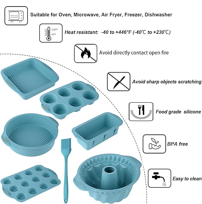 7in1 Nonstick Silicone Baking Cake Pan Cookie Sheet Molds Tray Set for Oven, BPA Free Heat Resistant Bakeware Suppliers Tools Kit for Muffin Loaf Bread Pizza Cheesecake Cupcake Pie Utensil