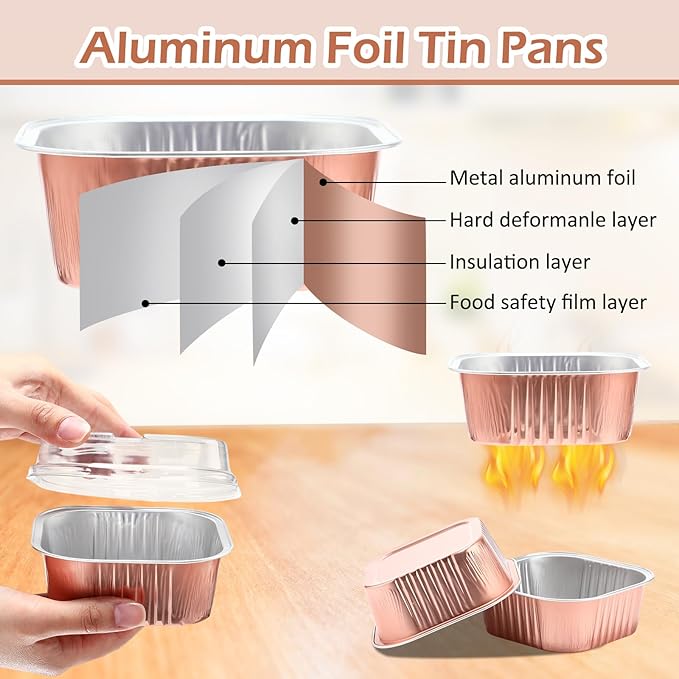 Aoriher 300 Pieces 10 oz Mini Cake Pans with Lids, Aluminum Foil Baking Cups, Square Disposable Cupcake Cups Baking Tins for Wedding Birthday Party Supplies(Champagne)