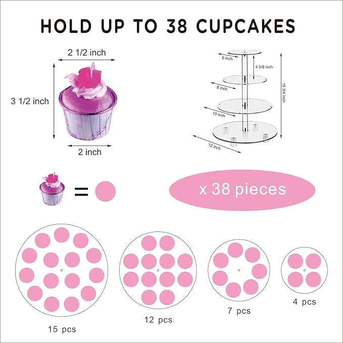 Cupcake Stand, 4-Tier Round Cupcake Holder with LED light String, Acrylic Cupcake Tower Display-Dessert Tower-Pastry Stand-Cupcake Tier Stand for Wedding, Birthday party ( Pink Light)