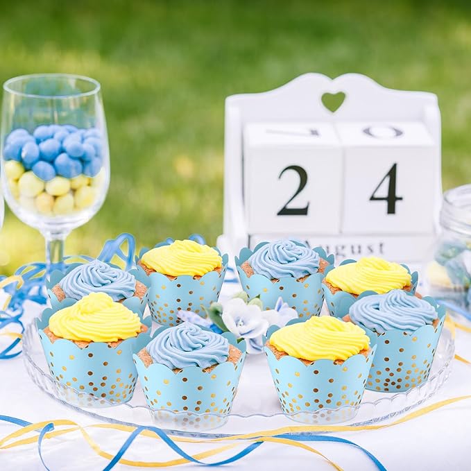 Zhehao 60 Pcs Gold Polka Dots Cupcake Wrappers Adjustable Graduation Cupcake Liners Paper Baking Cups Disposable Muffin Liners Holders for Birthday Baby Shower Wedding Party Supplies(Light Blue)