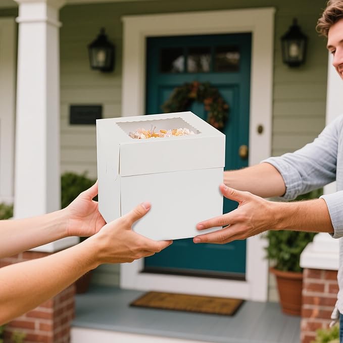 12pcs Cake Boxes, 12x12x8 Inches White Bakery Box with Window, Large Baking Boxes, Round Cardboard Cake Box for Cookies, Pastry, Cookies, Strawberries
