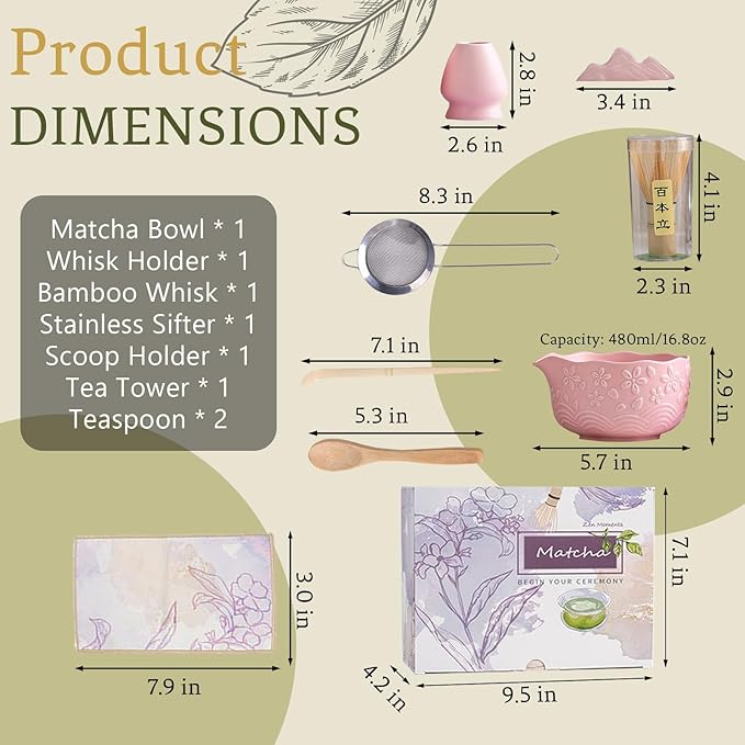 8 Pcs Matcha Whisk Set Chasen Matcha Whisk Bamboo Bowl with Spout Sifter Spoon Scoop Whisk Holder Bamboo Mat Complete Matcha Making Kit (Pink Cherry)