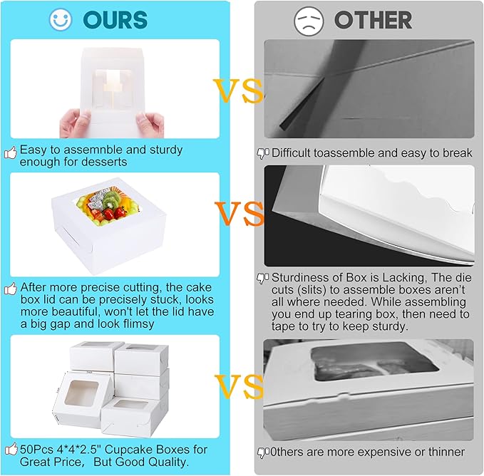 Zzrywuty 50 Packs 4x4x2.5in White Cookie Boxes, Bakery Boxes with Window, Mini Cake Boxes, Cupcake Container Boxes for Cookies, Pastry, Pie, Strawberries, Donuts, Candy, Desserts, Small Cake