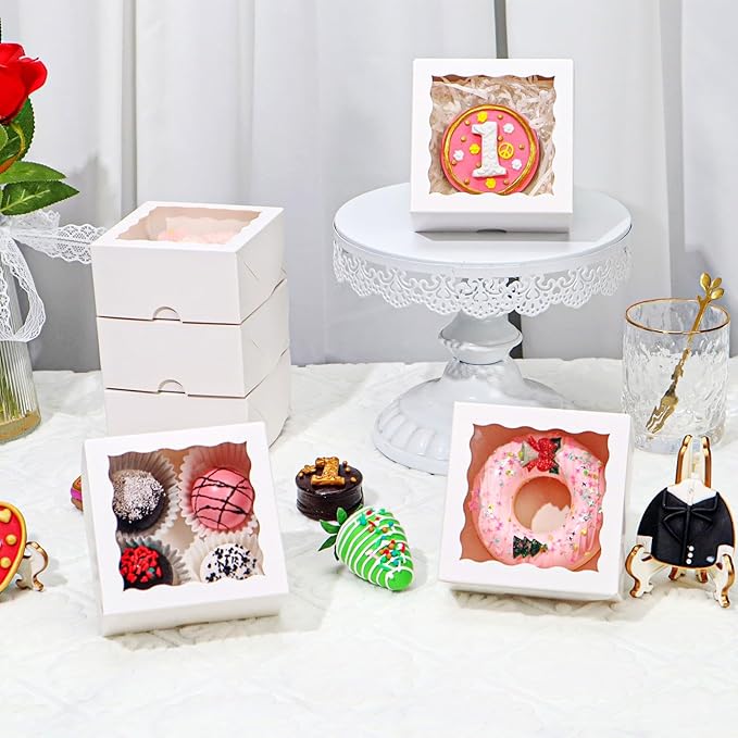RomanticBaking 100 Pack Bakery Boxes 4x4x2 Inches Cookies Boxes Mini Bundt Cake Boxes Pie Boxes Cinnamon Roll Treat Boxes Chocolate Truffle Boxes Party Wedding Favor