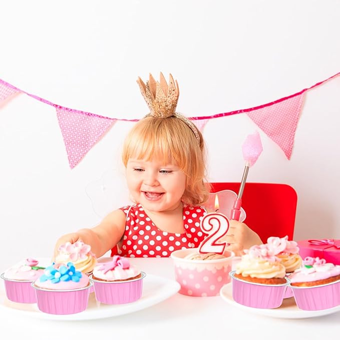Mini Cake Pans with Lids and Spoons (100 Pack,Pink,5oz) Round Disposable Ramekins - Sturdy Aluminum Foil Cupcake Liners with Lids for Dessert and Party