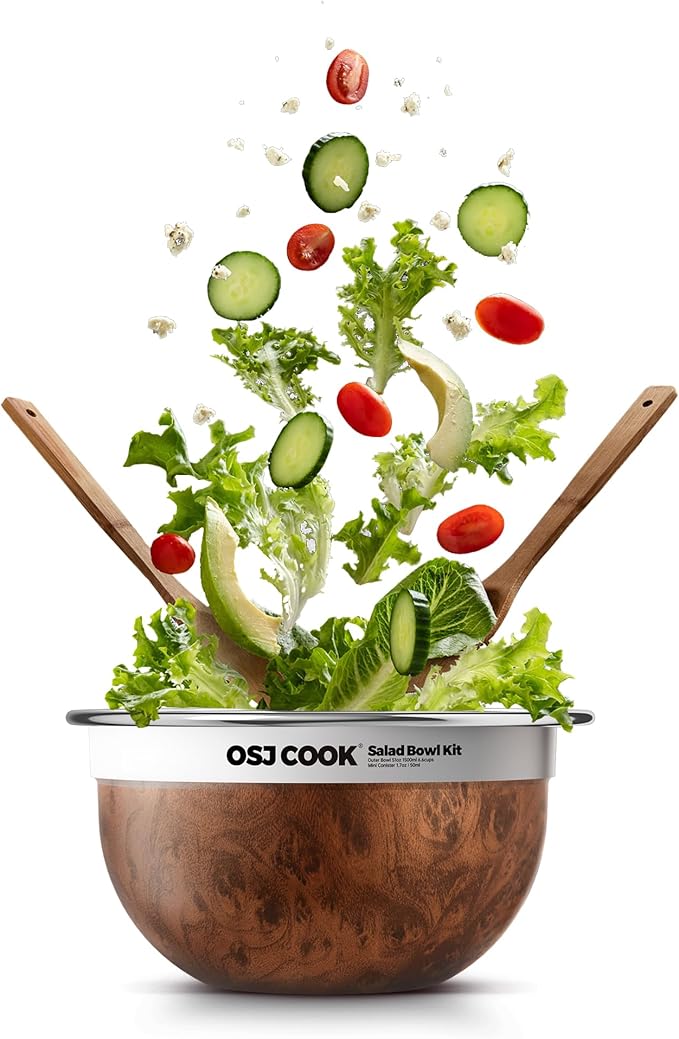 18/8 Stainless Steel Salad Bowl Kit - 74oz, Mixing Bowls with Lids Set, Teakwood - Comes with 1.7oz Condiment Container and Removable Tray for Organization - Leak-Proof, Dishwasher Safe (Wood)