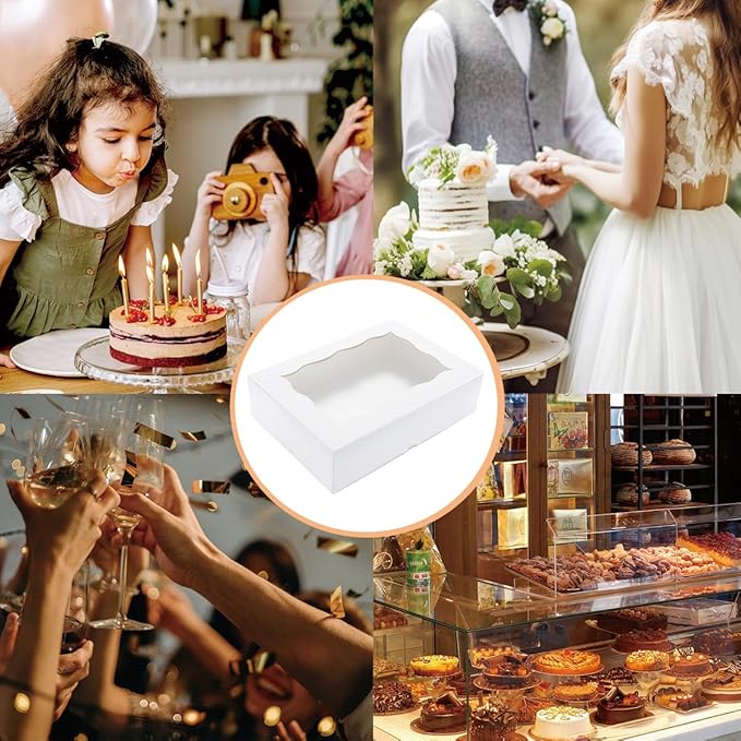 15 Pack 14x10x3.75 Inch Auto-Popup Large Rectangle Cake Boxes with Cake Boards, White Bakery Boxes for Quarter Sheet Cakes,Cupcakes, Brownie,Pie & Donuts