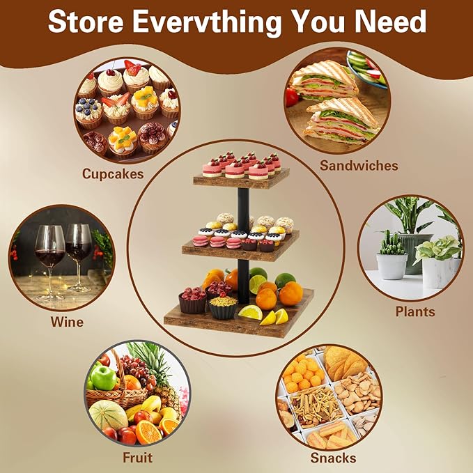 IBUYKE 3 Tier Cupcake Stand,Wood Durable Cupcake Tower,Square Serving Dessert Display Stand,Cupcake Tray Stand,Dessert Tree Tower for Christmas Birthday,Home Party, Wedding, Baby Shower,Rustic Brown UTLJ014H