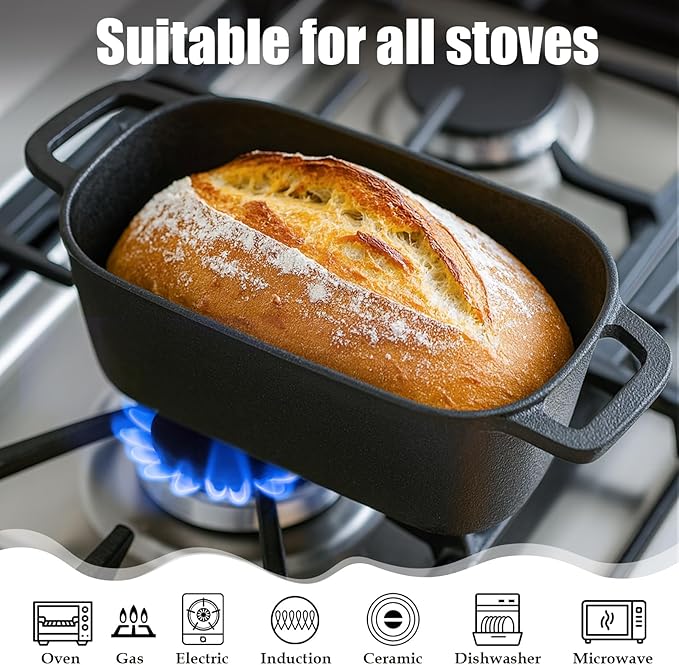 QuliMetal 3.6QT Oval Dutch Oven for Bread Baking - Pre-Seasoned Cast Iron Sourdough Bread Pan with Lid, cast iron loaf pans for bread, Even Heat Distribution for Meatloaf, Homemade Bread