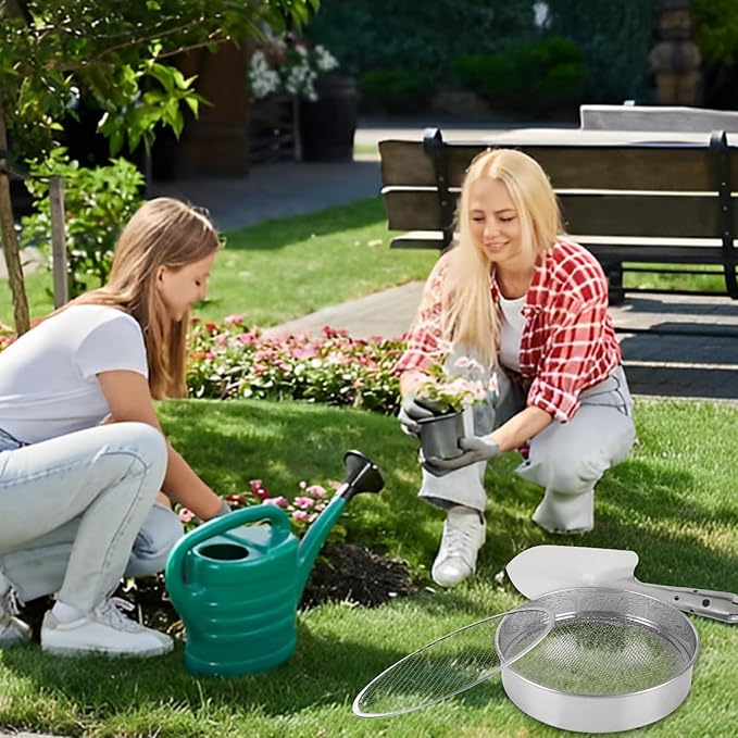 Soil Sifter for Gardening Stainless Steel Soil Sifting Pan Round Sifter for Rocks with 3,6,9mm Sieve Mesh Garden Shovel and Gloves Set Garden Sieve Soils Sifter for Small Gravel, Soil, Sand