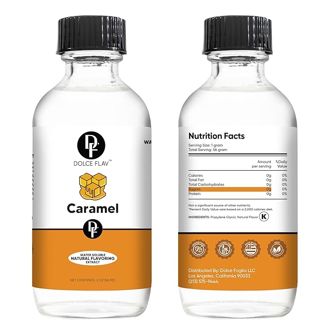 Dolce Flav Natural Caramel Extract - 2 Ounce Water-Soluble Multipurpose Flavoring Ideal for Baked Goods, Beverages, Coffee, Desserts & Ice Cream - Perfect Kitchen Gift for Holidays