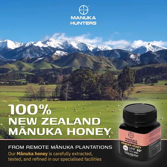 Manuka Hunters UMF 20+/MGO 830+ Certified New Zealand Manuka Honey - 100% Pure Natural Sweetener - Gluten, Dairy Free - Ideal for Tea, Coffee, Smoothies, and Baking - Sustainable - 4.4oz=85ml Jar
