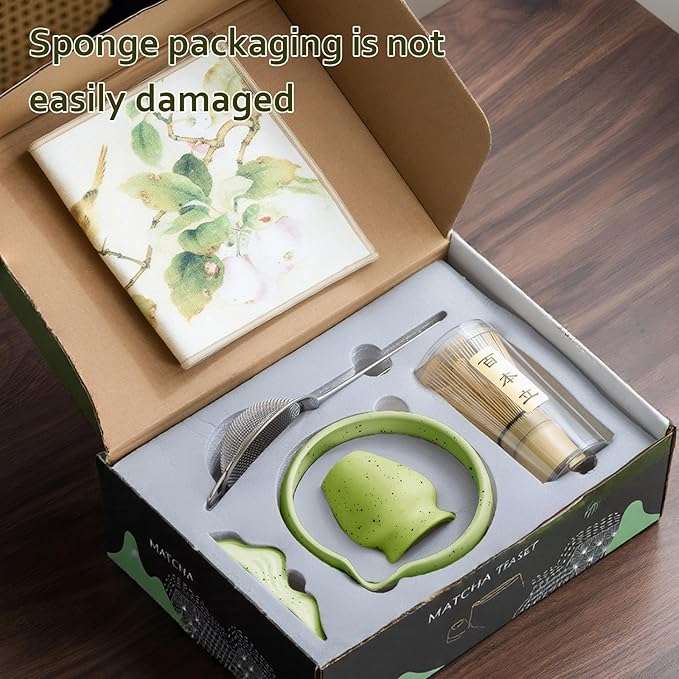 cjc Matcha Whisk Set, 7-Pcs Matcha Set for Gift- 18 oz Ceramic Matcha Bowl with Spout, Bamboo Whisk, Scoop, Holder, Sifter ect.,Japanese Ceremony Kit for Matcha Lover Beginner/Green