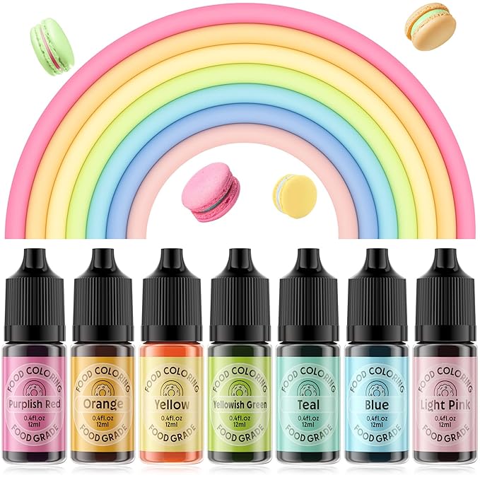 Cherrysea Food Coloring for Cake Decorating Macaron Edible Food Dye for Baking Royal Icing Cookie Supplies Gluten Free 7x12ml Food Grade Liquid Food Color Kits, 0.4 Fl. Oz/Bottles