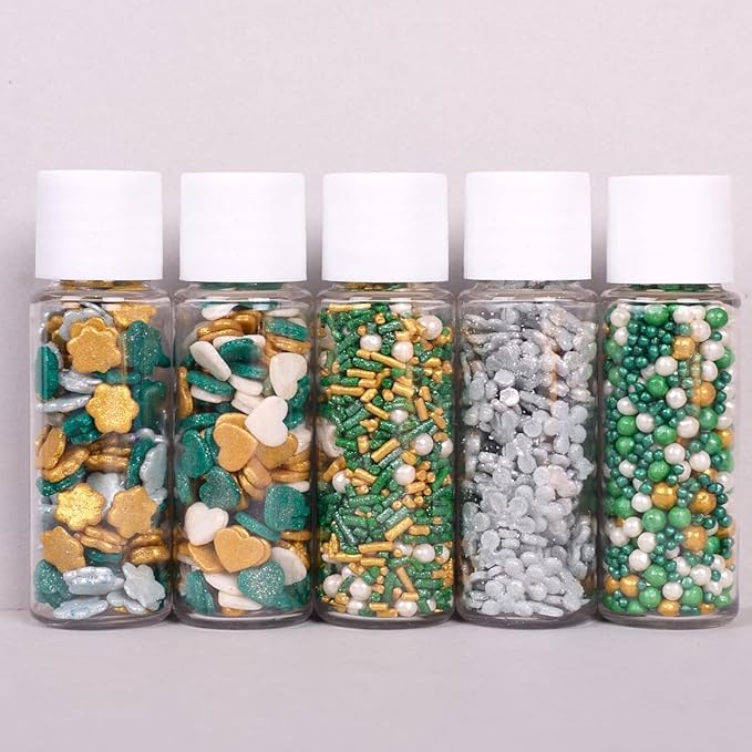 Confect Christmas Sprinkles | White, Grey, Gold & Holly Green Mix | Edible Pearl, Heart & Flower Shaped Sprinkles | Holiday Cake & Cupcake Decorations- 5 Oz