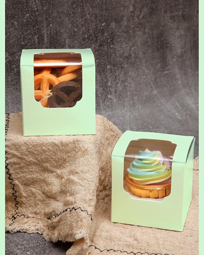 qiqee Light Green Cupcake Boxes Individual Cupcake Container 60pcs 3.5" x 3.5" x 3.5" Auto-Pop up Single Cupcake Boxes (60 Boxes+60 Inserts)