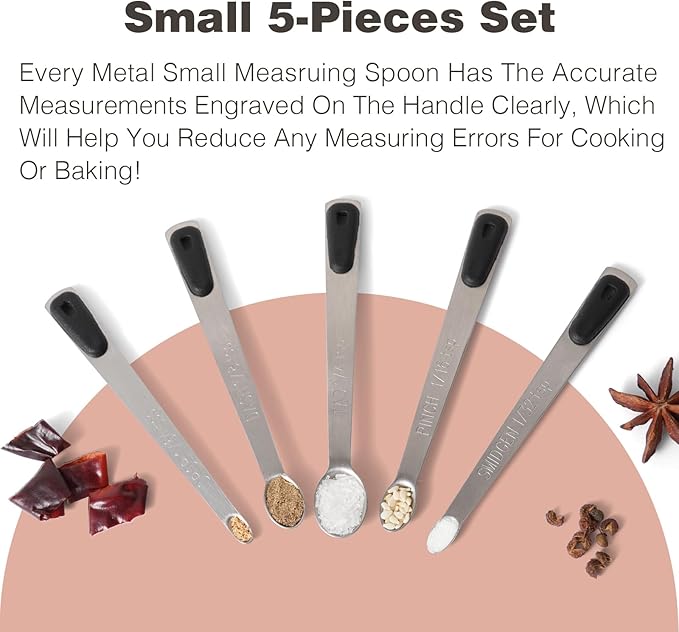 Mini Measuring Spoons Set, Tiny Stainless Steel Measure Teaspoons with Black Silicone Handle, Suitable for Small Amount of Dry or Liquid Ingredients and Spices (1/64, 1/32, 1/16, 1/8, 1/4 tsp)