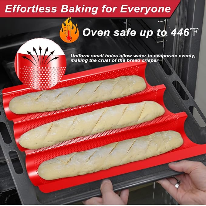 Baguette Bread Pan for Baking – Nonstick Perforated French Bread Pan, 3 Wave Thickened Carbon Steel Baguette Tray for Homemade French Baguettes, Garlic Bread, and Sandwich Rolls, Red