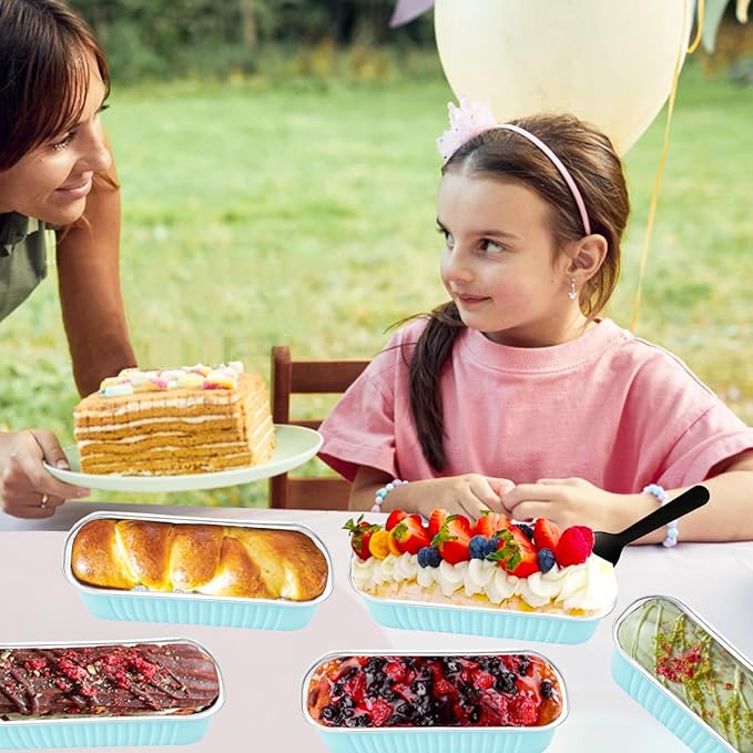 50 Pack Mini Loaf Pans with Lids and Spoons, 6.8 Oz Mini Cake Pans with Lids for Baking, Disposable Rectangle Aluminum Foil Loaf Pan with Stickers,Small Cake Containers Tin(Blue)