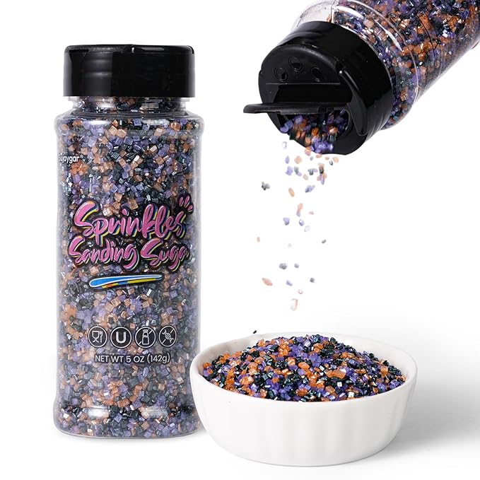 Sujoygar Halloween Saning Sugar Sprinkles, 5oz Edible Black Purple and Orange Cake Sprinkles for Chocolate Ice Cream Toppings Cupcake Decoration Halloween Party Cookies Baking Dessert Food Supplies