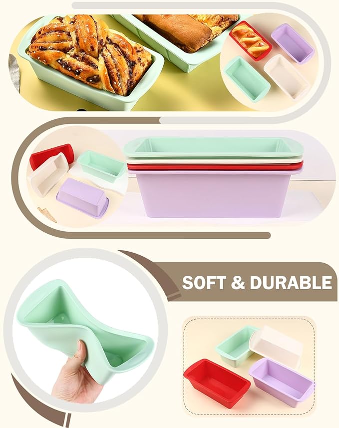 Mini Silicone Bread Loaf Pan, Non-Stick Bread Pans for Baking,Flexible Silicone Baking Molds for Bread, Cake, Meatloaf Size: 7.5''L x 3.7''W x 2.1''H (4PCS-Red+Green+White+Purple)
