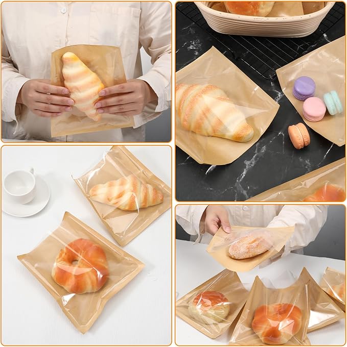 300 Pack Heat-Sealable Cookie Bags with Window, Clear Front Brown Paper Treat Bags, Grease-Resistant Bakery Pastry Bag for Bagel, Cake Slice, Sandwich, Donut, Pastry, Treat, Snack