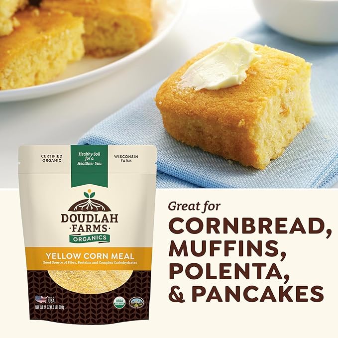 Organic Yellow Cornmeal 25 lb Fine Grind - Non-GMO, Gluten-Free, Sugar-Free, Farmed From Regenerative Soil, Vegan, Grown In USA, For Baking Cornbread, Muffins, Pancakes, and More by Doudlah Farms